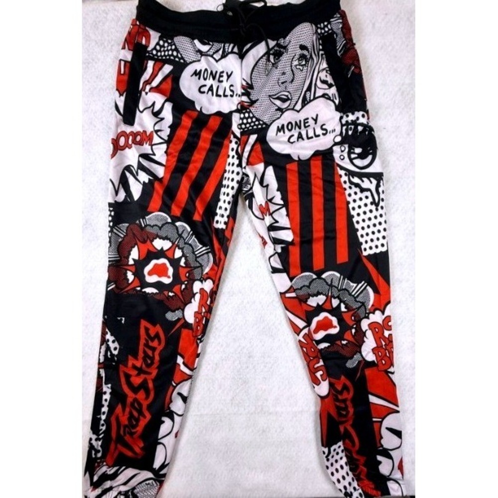 Reason Brand Trap Stars Comic Pop Art Joggers Mens Medium Black Red NWT